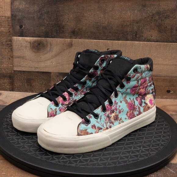 STRAYE MENS ATHLETIC SHOES RETRO HIGH SNEAKERS FLORAL BLUE PINK SIZE 10.5 - Picture 1 of 9